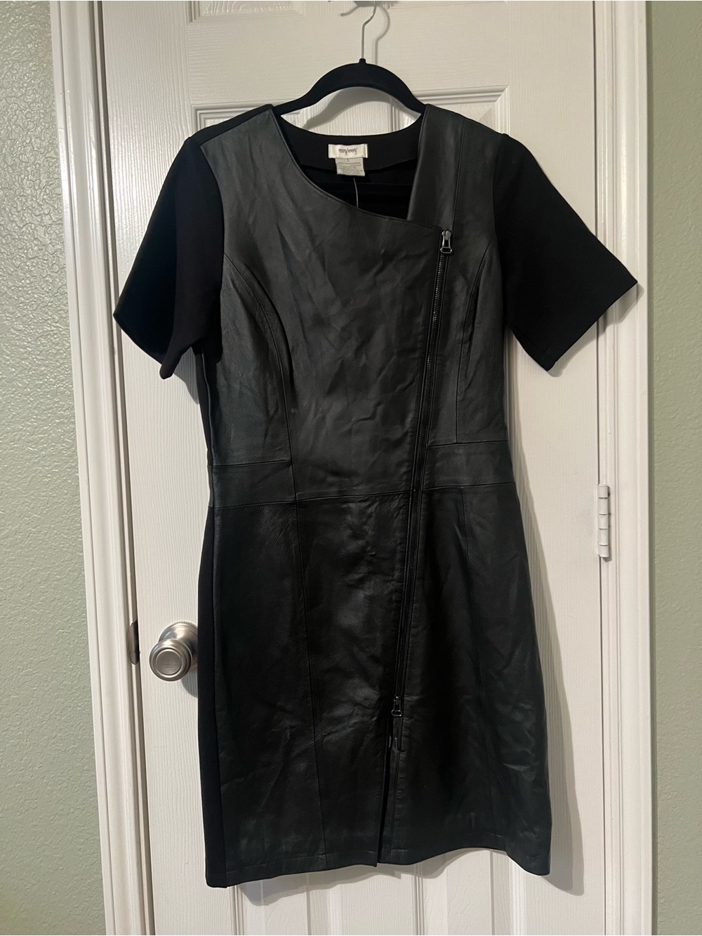 Neiman Marcus Black Leather-Front Short Sleeve Dress